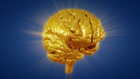 三维渲染金色大脑卷曲和光的光辉