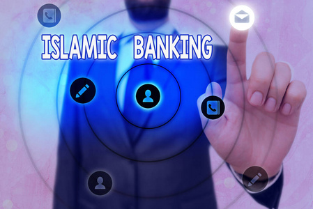 展示伊斯兰银行业务的概念性手写体。基于伊斯兰法原则的商业图片文本银行系统。