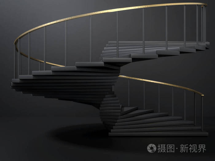 黑色螺旋楼梯与金色扶手在空暗室三维渲染领导理念与商业抱负
