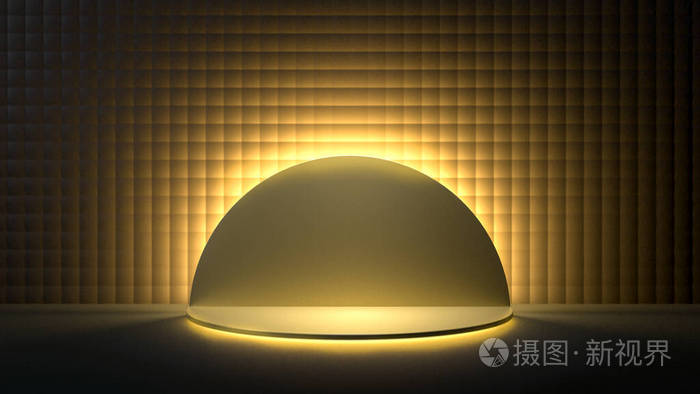 用金色灯光照亮的黑色房间中的圆形金色舞台,讲台或基座的3d渲染.
