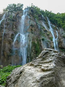 植物区系 夏天 岩石 小溪 国家的 风景 湖泊 自然 瀑布