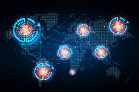 在黑暗背景下绘制世界地图全息图的插图。国际联系的概念。三维渲染