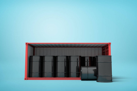 在浅蓝色背景下，红色敞口货柜的三维渲染，里面装满了黑色的桶和两个桶。