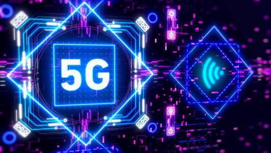 移动互联网的5G网络。霓虹灯接口概念图。