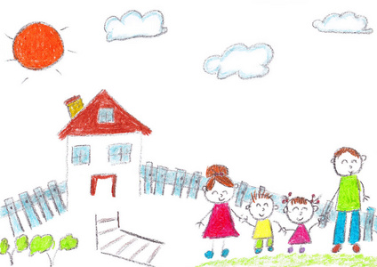在一起 卡通 爸爸 美丽的 孩子们 房子 小孩 插图 家庭