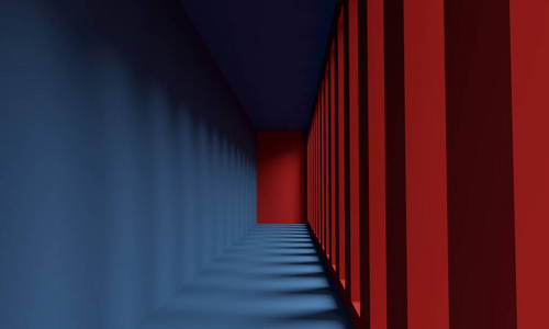 蓝色走廊，红色窗户射出灯光。三维渲染