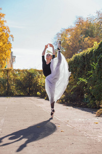 轮廓 舞者 街道 连衣裙 白种人 平衡 艺术家 美丽的 秋天