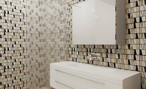 浴室 瓦片 反射 包括 三维渲染 房子 马赛克 搅拌机 下沉
