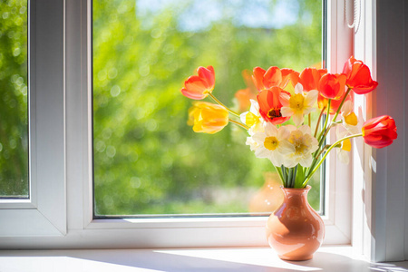 花瓶 粉红色 花束 桌子 夏天 花的 花瓣 自然 礼物 窗台