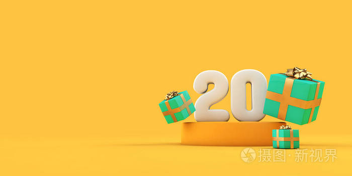 20岁生日快乐数字和礼物放在黄色的讲台上三维渲染