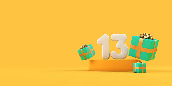 13岁生日快乐数字和礼物放在黄色的讲台上.三维渲染摄影图