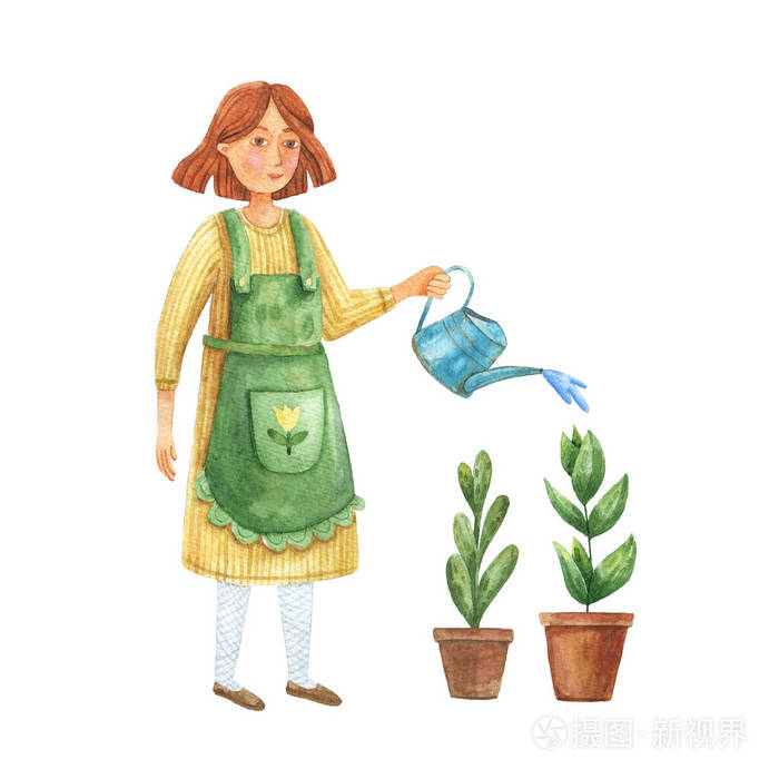 年轻妇女照料植物一位穿着黄色连衣裙的女园丁浇花的水彩画插图