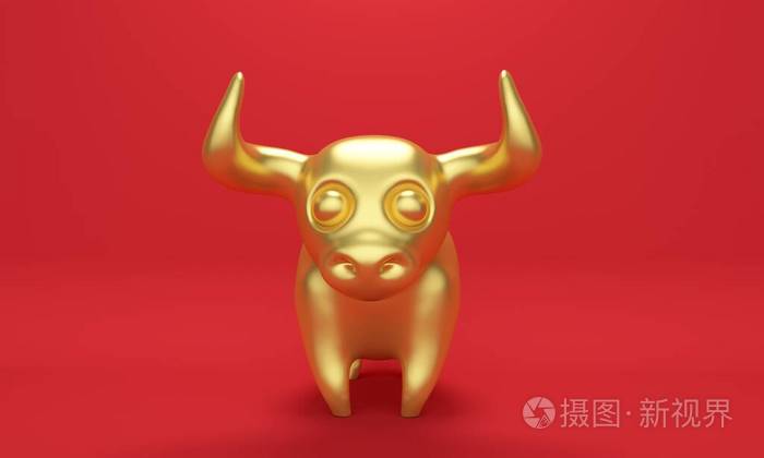 红色背景上有大角的金牛三维渲染