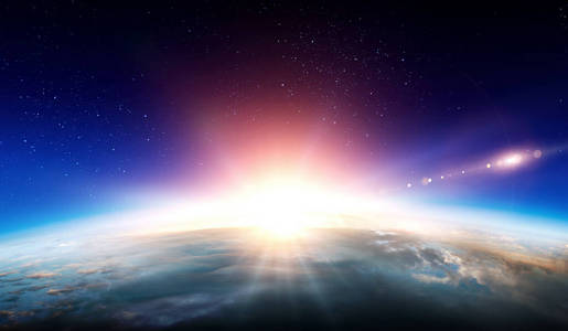 蓝色太空背景的日出地球