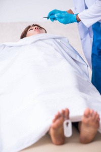 验尸官在停尸房检查照片