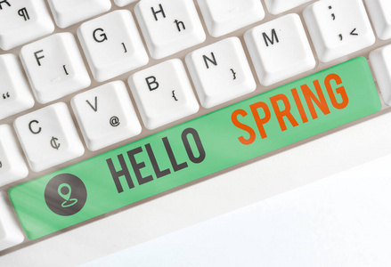概念性手稿展示hello spring.商业图片文字迎新冬季鲜花盛开后的季节.