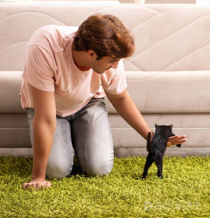 年轻人在家里和小猫玩耍