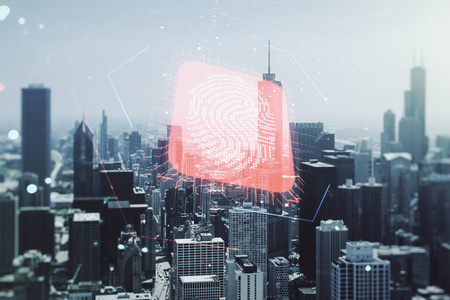 芝加哥办公楼背景双曝光虚拟创意指纹全息图，个人信息保护理念