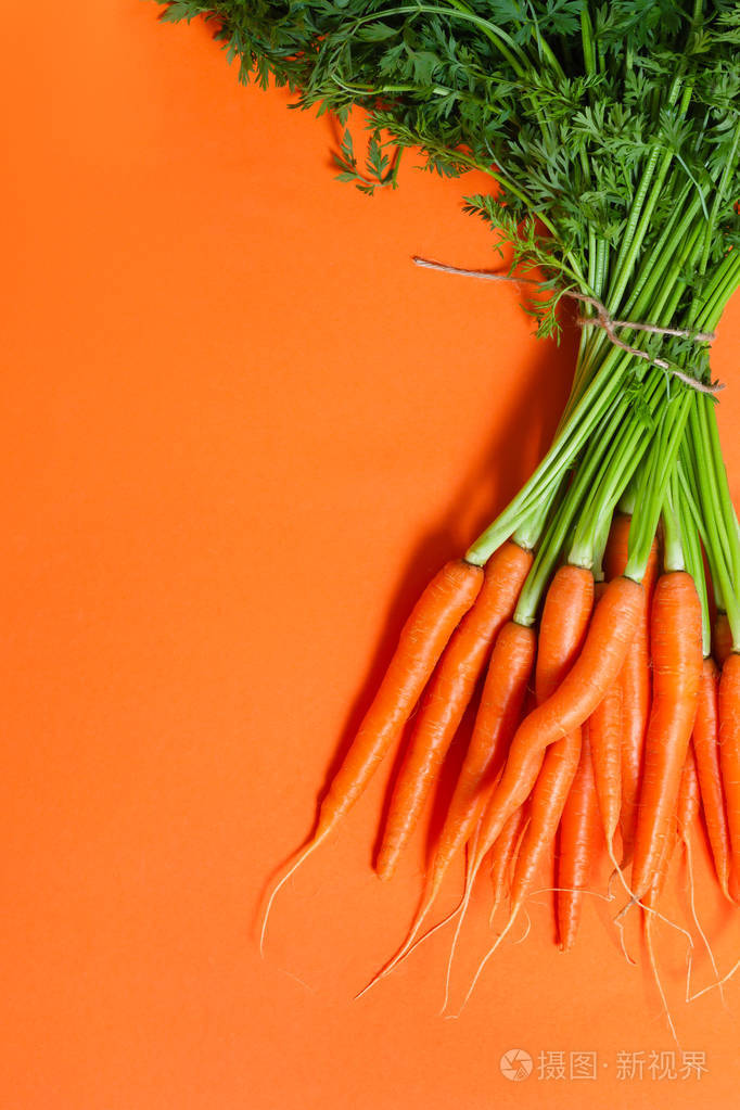橙色背景上的一串新鲜的生胡萝卜