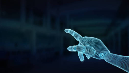 线框蓝色机器人手指在深色3d渲染中的应用摄影图