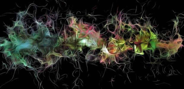 抽象的带电线条,烟熏分形图案,渲染混沌黑暗背景的数码插画艺术作品.