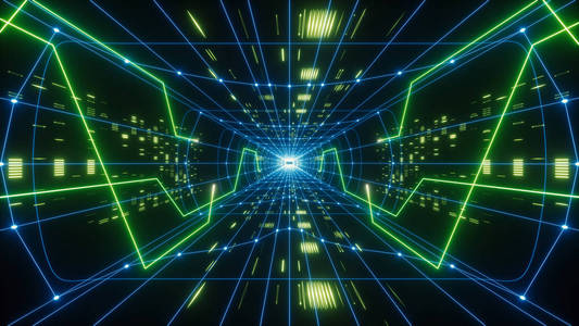 三维渲染,彩色霓虹灯虚拟现实隧道,抽象的几何背景.