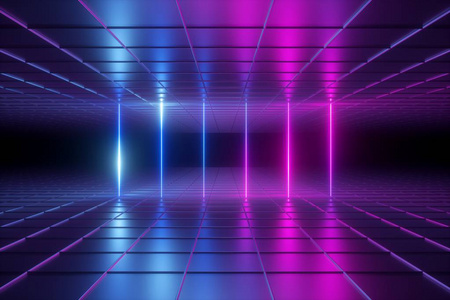 网笼子3d渲染,抽象背景,空房间,夜总会舞台,霓虹灯,虚拟现实环境,网格