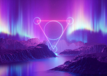 三维渲染,抽象背景,宇宙景观,北极光,三角门,粉蓝色霓虹灯,虚拟现实