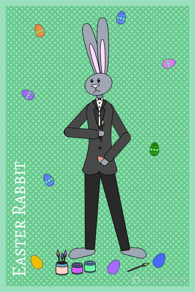 海报设计与复活节兔子在一个时尚的西装彩蛋兔子拿着流苏和颜料豌豆绿