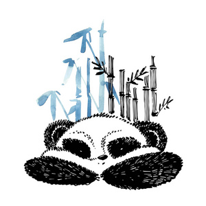 灿白照片卡通可爱的熊猫图案与竹子.水墨手绘插图.照片