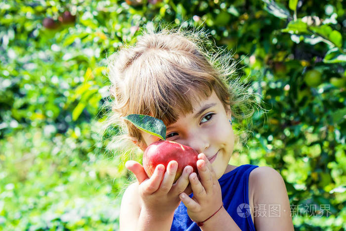 孩子正在花园里吃苹果选择性聚焦