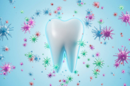 健康牙齿和蓝色细菌背景图片