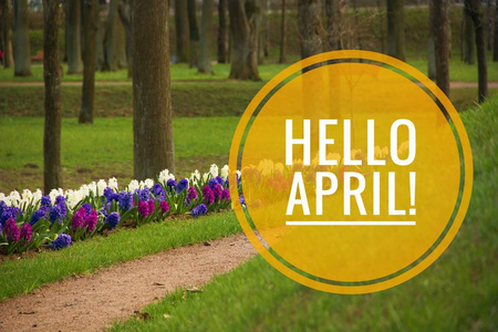 嗨,春天.你好,april.欢迎卡我们正在等待新的春天.春天的第二个月.