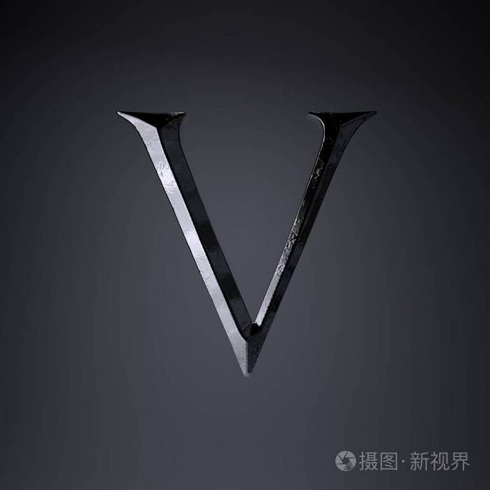 凿纹铁字母v大写三维渲染游戏或电影标题字体孤立在黑色背景上