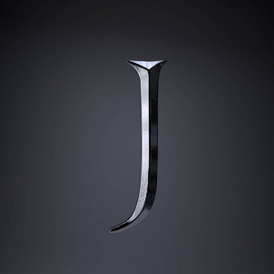 凿纹铁字母j大写.三维渲染游戏或电影标题字体孤立在黑色背景上.照片