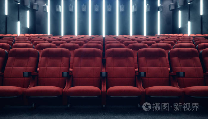 电影院大厅有黑屏和空座位.现代设计,带有醒目的灯光,霓虹灯.