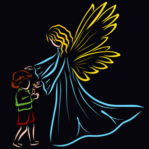 保护神一个拿着蜡烛的孩子和一个守护着火焰和保护神的天使照片