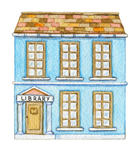 水彩蓝色卡通图书馆大楼照片