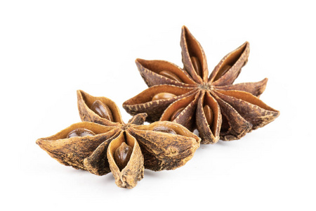 干燥的棕色八角茴香果实,白色照片