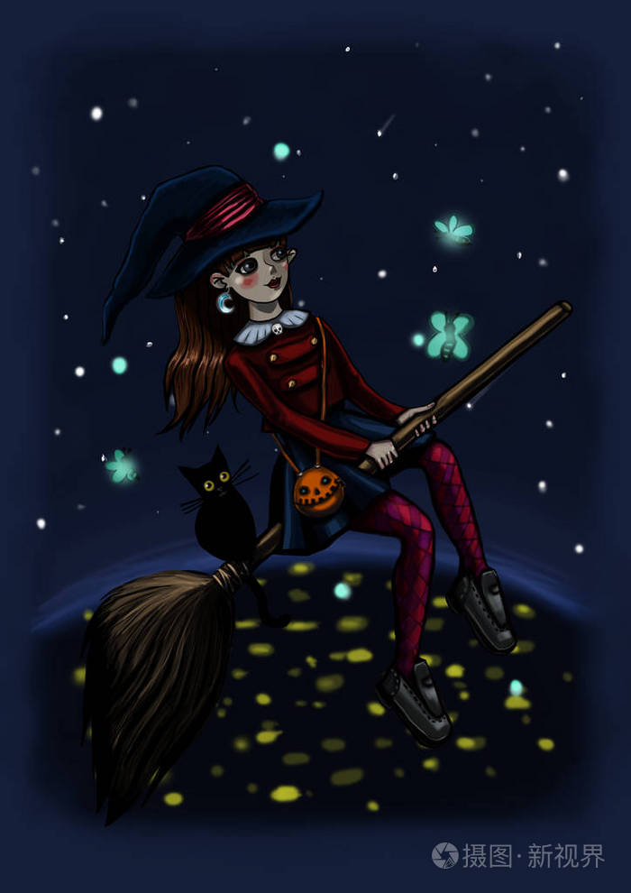 在飞行中骑着扫帚的女巫