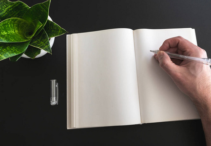 在黑底盆栽书上写字的人照片