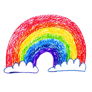 彩色的铅笔天空彩色彩虹与云在白色的背景上画铅笔水彩画插图幼儿园.