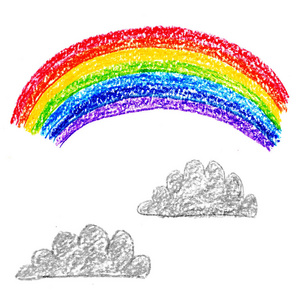 彩色彩虹与云在白色的背景上画铅笔水彩画插图幼儿园.照片