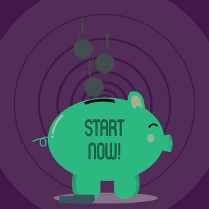 商业照片展示,不要犹豫,马上开始工作或做事情,小猪罐侧视和美元硬币