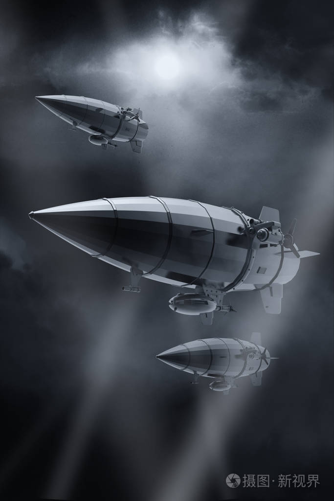 老式飞艇齐柏林飞艇在天空中三维插图