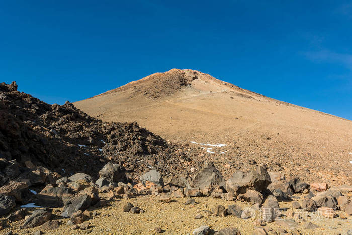 雄伟的火山锥耸立在壮观的熔岩状地貌之上