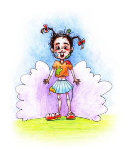 一幅手绘插图,在爆炸云的背景上画了一个有辫子和脏手的滑稽邋遢女孩.