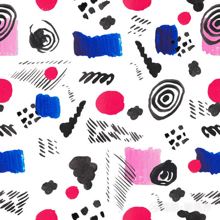 无缝图案手绘亮点笔触白色独立背景几何元素蓝粉红黑