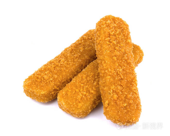 白色背景上孤立的鱼手指.冻鱼条