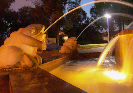 暖光场景青蛙雕像喷泉在夜间用黄色暖光喷水照片